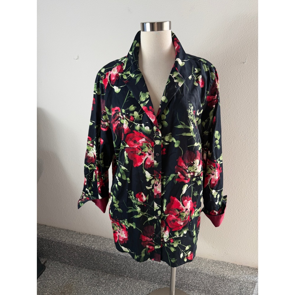 Foxcroft Womens Plus 18W Wrinkle Free Floral Button Up Shirt Red Rose Blouse